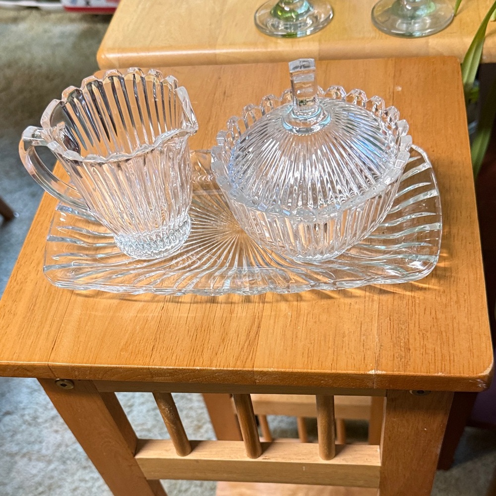 Vintage Clear Glass Creamer and Lidded Sugar Set with Serving Tray